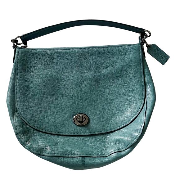 Coach Pebbled Leather Turnlock Hobo Shoulder Bag Dark Green